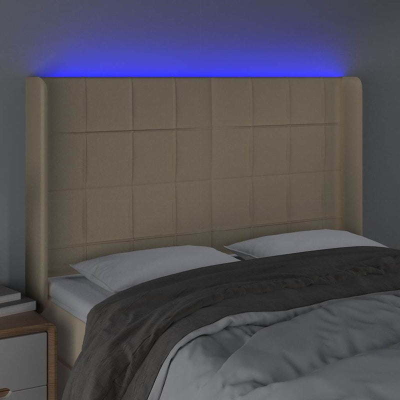Tăblie de pat cu LED, crem, 147x16x118/128 cm, textil