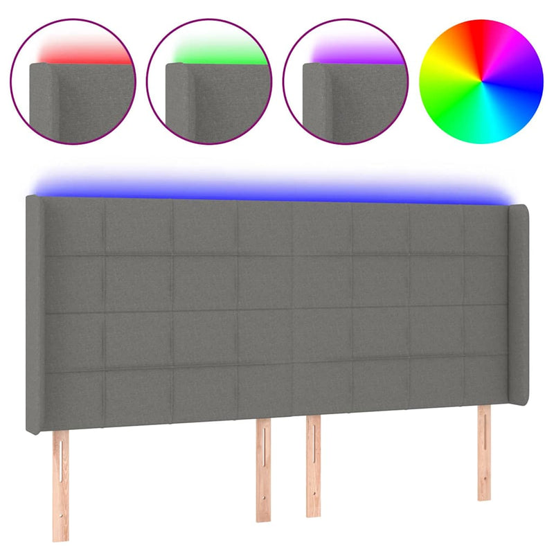 Tăblie de pat cu LED, gri închis, 183x16x118/128 cm, textil