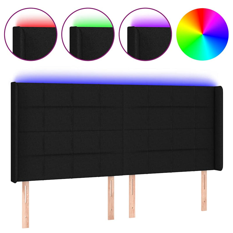 Tăblie de pat cu LED, negru, 183x16x118/128 cm, textil