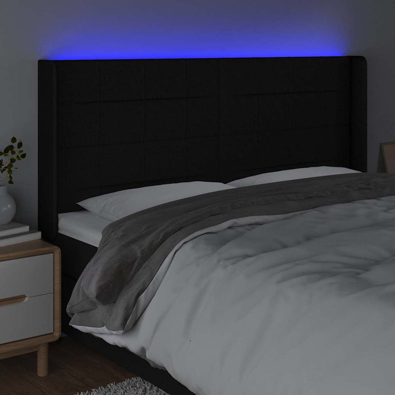 Tăblie de pat cu LED, negru, 183x16x118/128 cm, textil