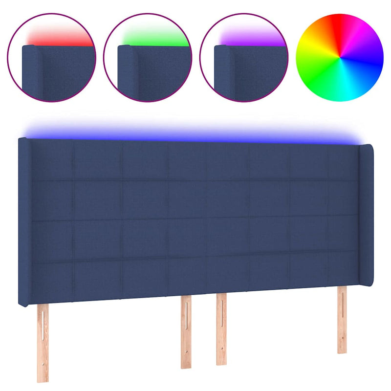 Tăblie de pat cu LED, albastru, 183x16x118/128 cm, textil