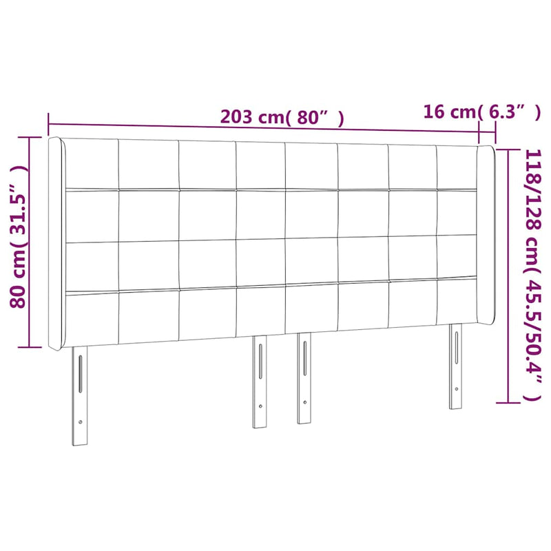 Tăblie de pat cu LED, crem, 203x16x118/128 cm, textil