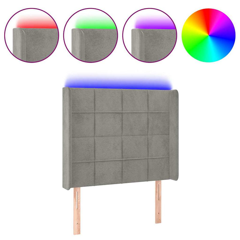 Tăblie de pat cu LED, gri deschis, 83x16x118/128 cm, catifea