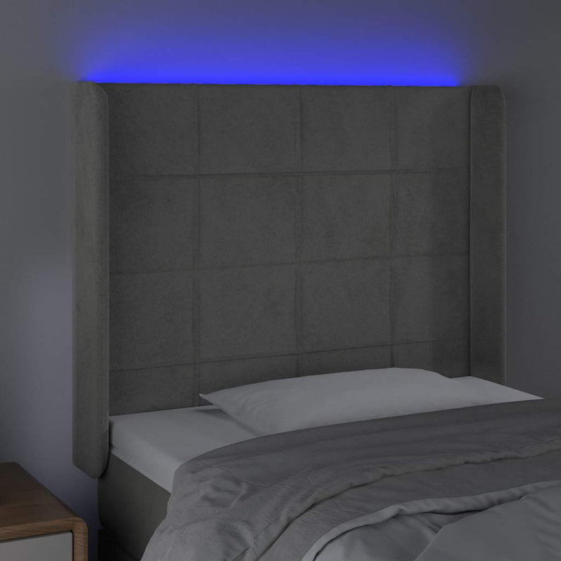 Tăblie de pat cu LED, gri deschis, 83x16x118/128 cm, catifea