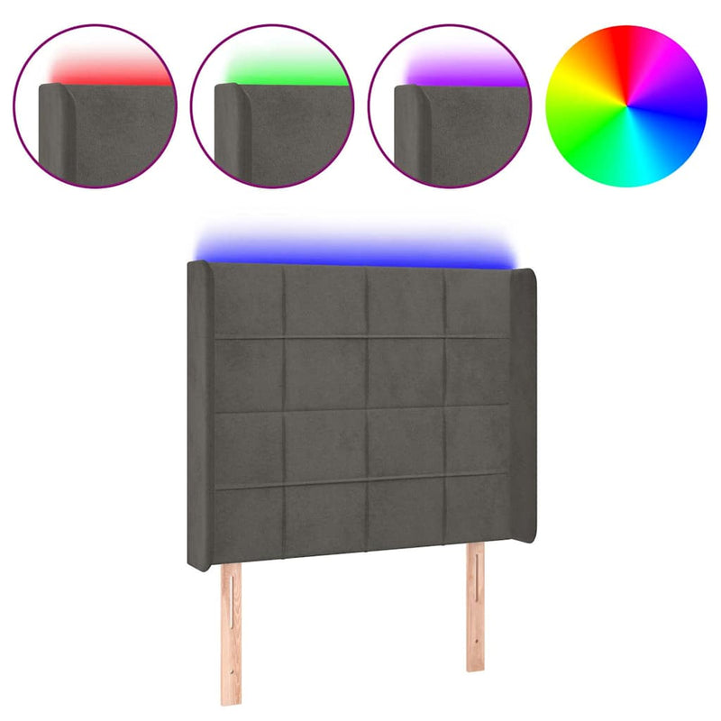 Tăblie de pat cu LED, gri închis, 83x16x118/128 cm, catifea
