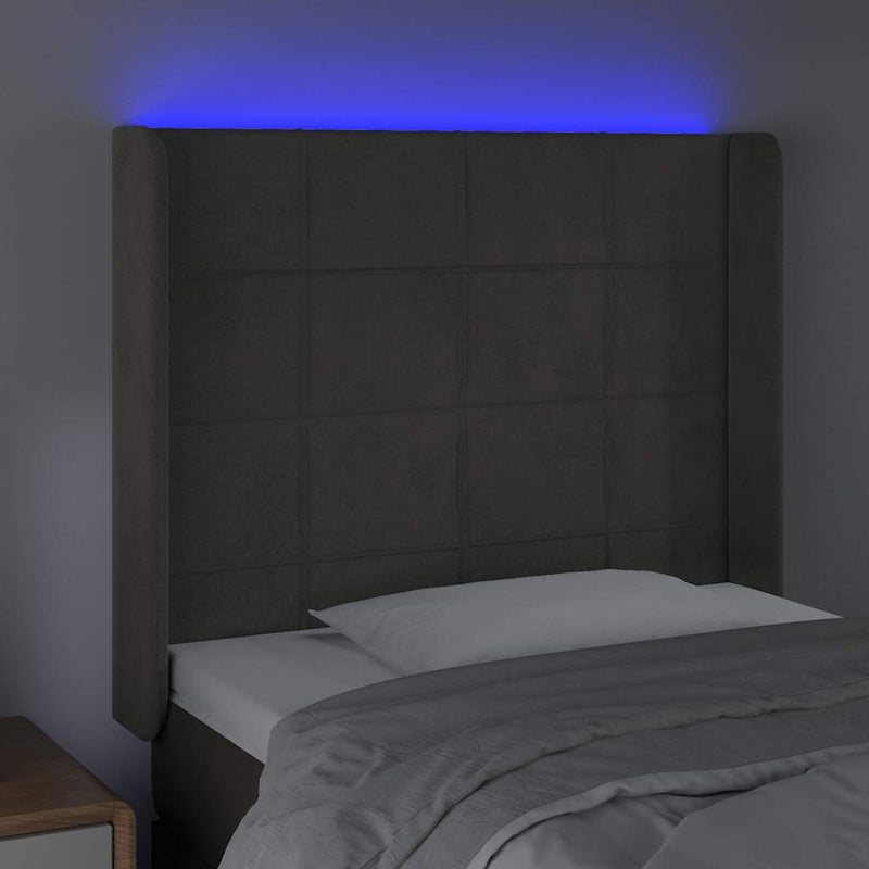 Tăblie de pat cu LED, gri închis, 83x16x118/128 cm, catifea