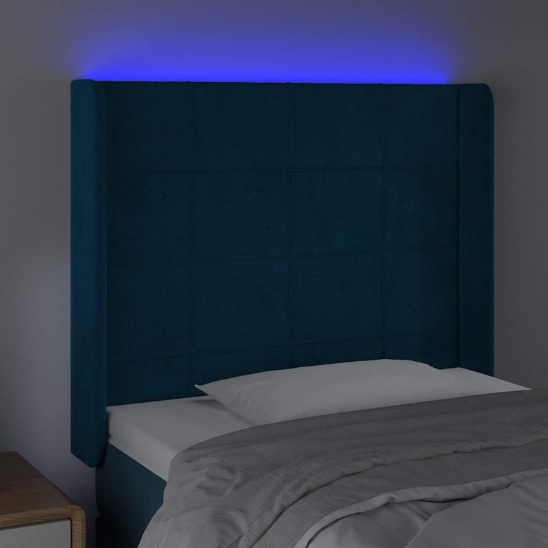 Tăblie de pat cu LED, albastru închis, 83x16x118/128cm, catifea