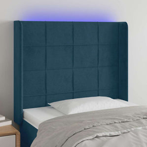 Tăblie de pat cu LED, albastru închis, 83x16x118/128cm, catifea