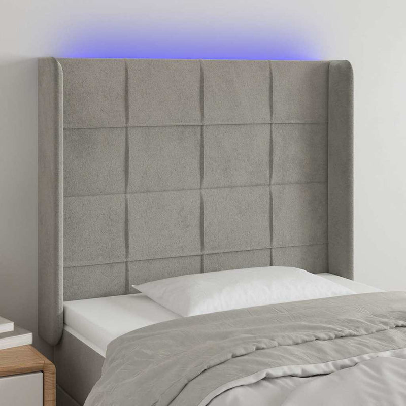 Tăblie de pat cu LED, gri deschis, 93x16x118/128 cm, catifea