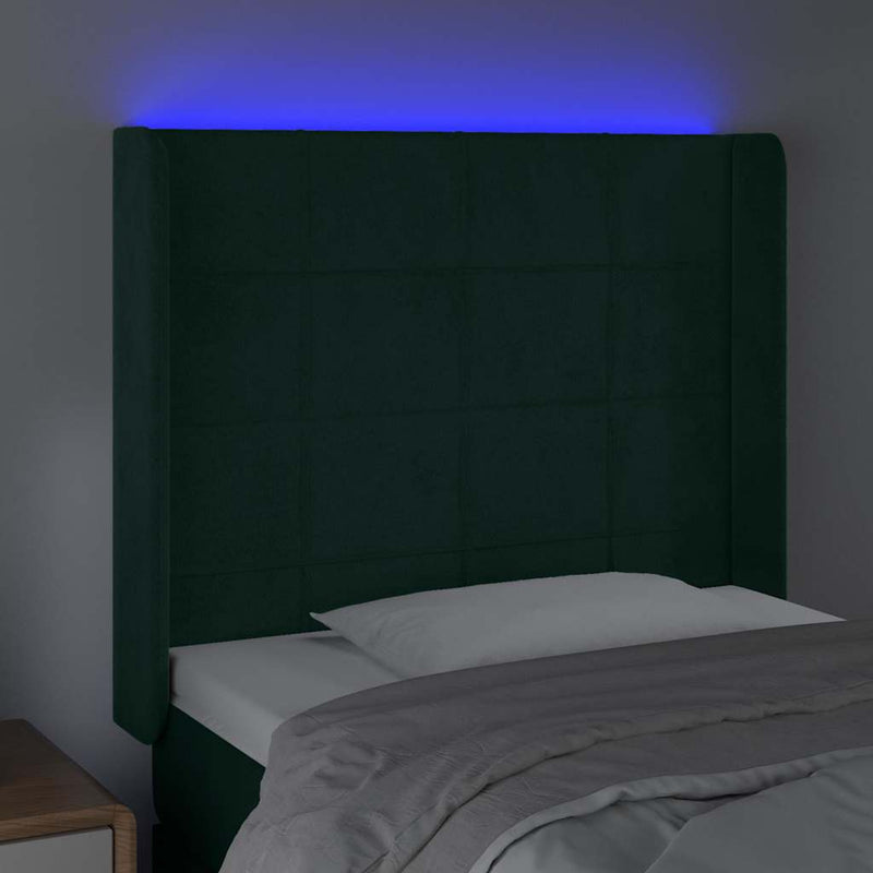 Tăblie de pat cu LED, verde închis, 93x16x118/128cm, catifea