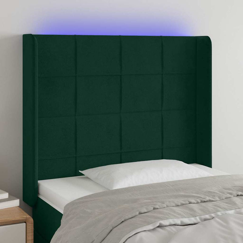 Tăblie de pat cu LED, verde închis, 93x16x118/128cm, catifea