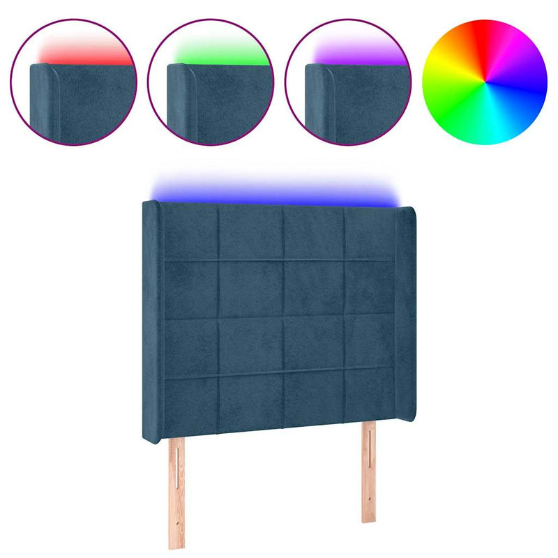 Tăblie de pat cu LED, albastru închis, 93x16x118/128cm, catifea