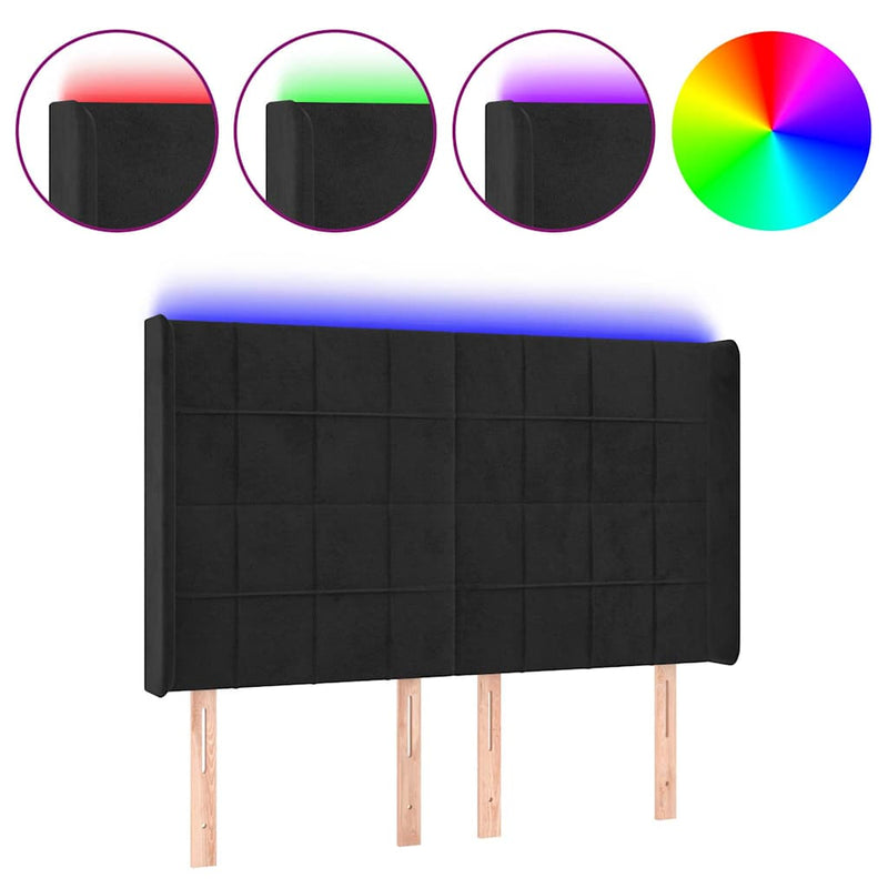 Tăblie de pat cu LED, negru, 147x16x118/128 cm, catifea