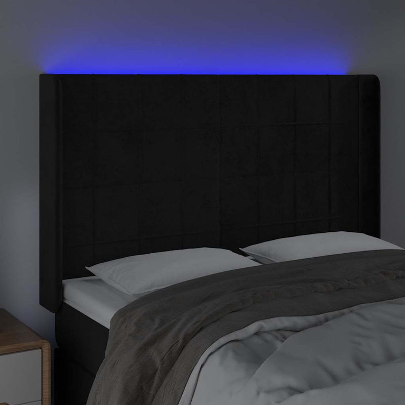 Tăblie de pat cu LED, negru, 147x16x118/128 cm, catifea