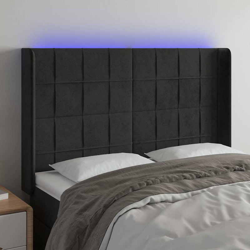 Tăblie de pat cu LED, negru, 147x16x118/128 cm, catifea