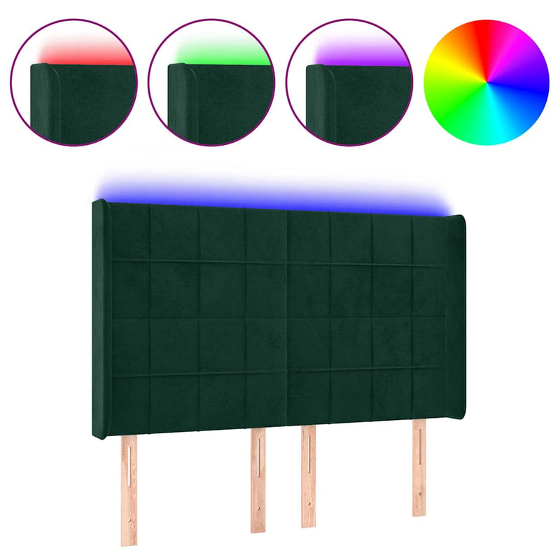 Tăblie de pat cu LED, verde închis, 147x16x118/128 cm, catifea