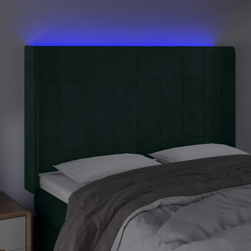 Tăblie de pat cu LED, verde închis, 147x16x118/128 cm, catifea