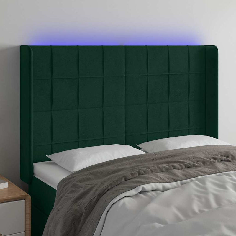 Tăblie de pat cu LED, verde închis, 147x16x118/128 cm, catifea