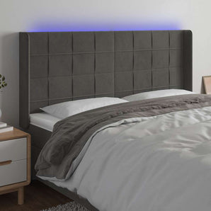 Tăblie de pat cu LED, gri închis, 183x16x118/128 cm, catifea