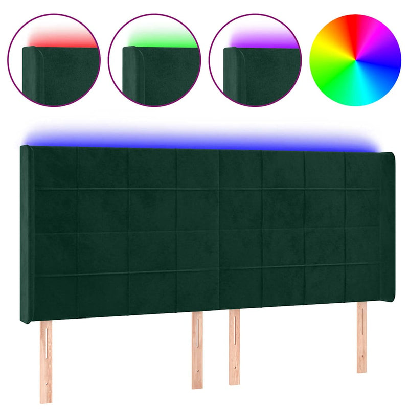 Tăblie de pat cu LED, verde închis, 183x16x118/128 cm, catifea