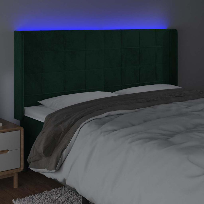 Tăblie de pat cu LED, verde închis, 183x16x118/128 cm, catifea