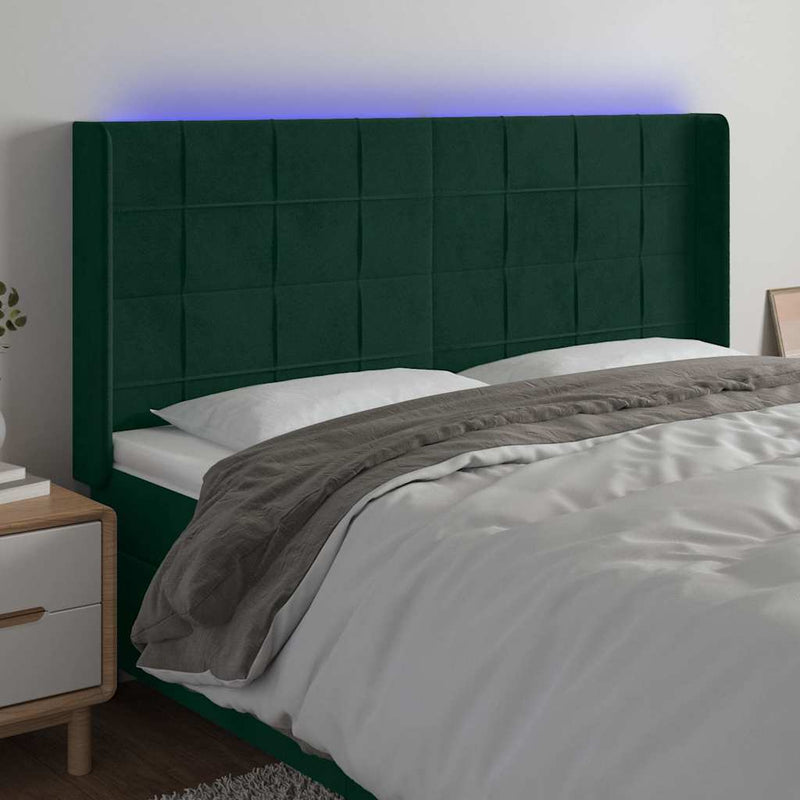 Tăblie de pat cu LED, verde închis, 183x16x118/128 cm, catifea