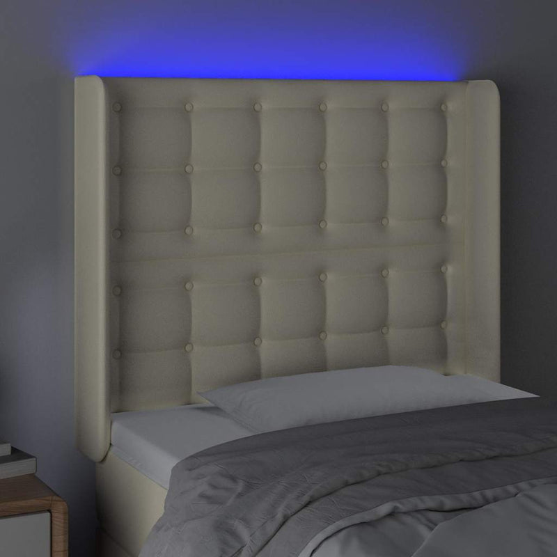 Tăblie de pat cu LED, crem, 83x16x118/128 cm, piele ecologică