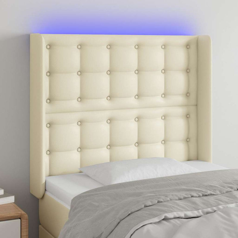 Tăblie de pat cu LED, crem, 83x16x118/128 cm, piele ecologică