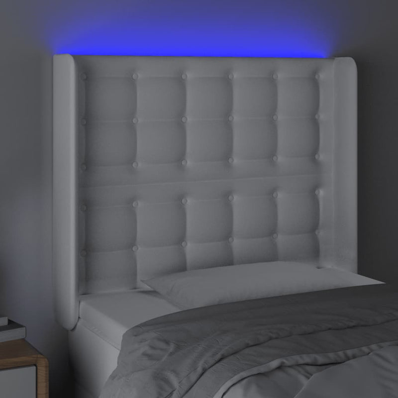 Tăblie de pat cu LED, alb, 93x16x118/128 cm, piele ecologică