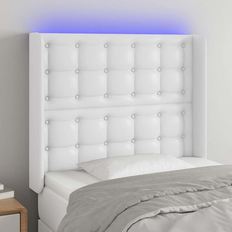 Tăblie de pat cu LED, alb, 93x16x118/128 cm, piele ecologică