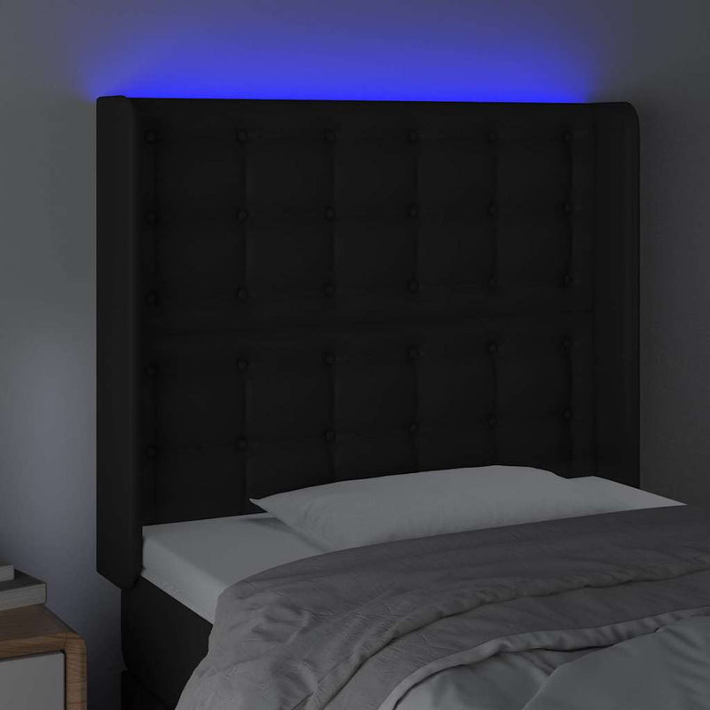 Tăblie de pat cu LED, negru, 103x16x118/128 cm, piele ecologică