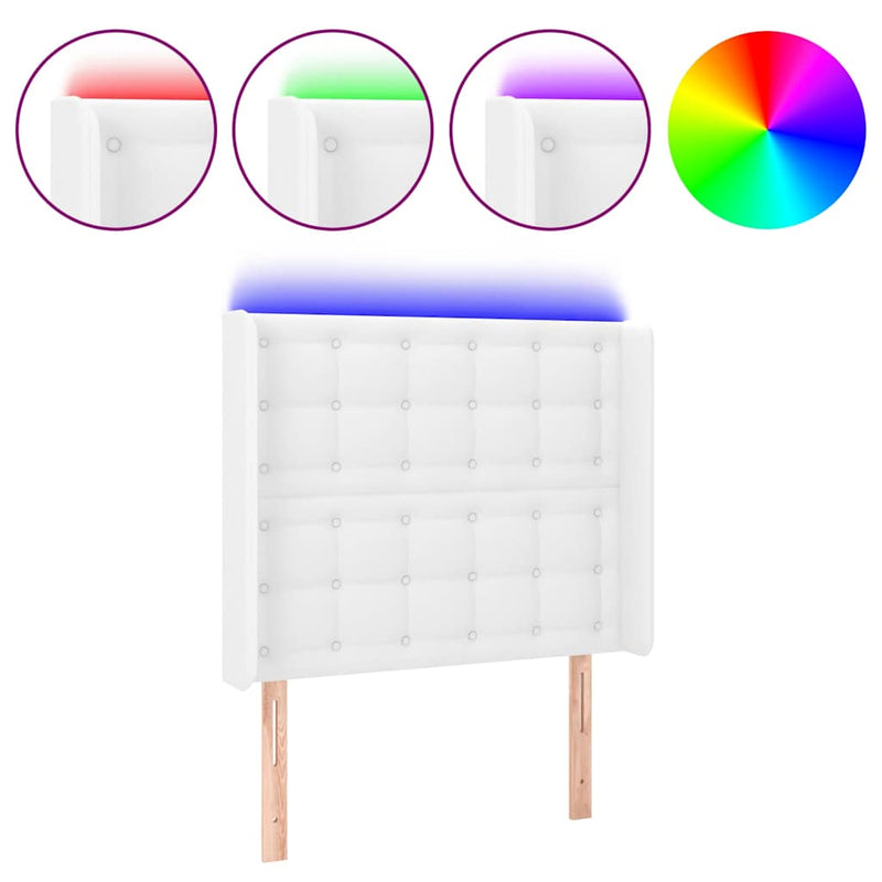 Tăblie de pat cu LED, alb, 103x16x118/128 cm, piele ecologică