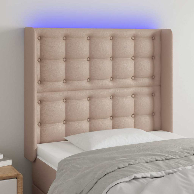 Tăblie de pat cu LED, cappuccino, 103x16x118/128 cm, piele eco