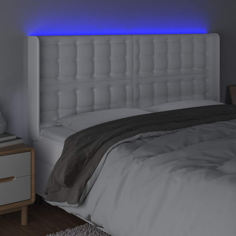 Tăblie de pat cu LED, alb, 147x16x118/128 cm, piele ecologică