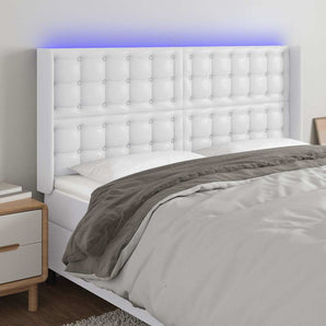 Tăblie de pat cu LED, alb, 147x16x118/128 cm, piele ecologică