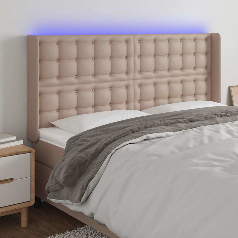 Tăblie de pat cu LED, cappuccino, 147x16x118/128 cm, piele eco