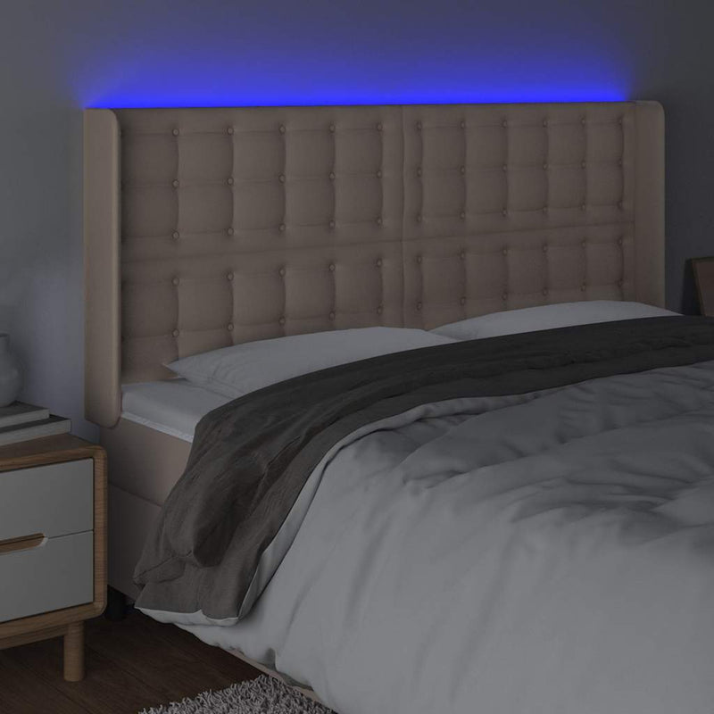 Tăblie de pat cu LED, cappuccino, 183x16x118/128 cm, piele eco