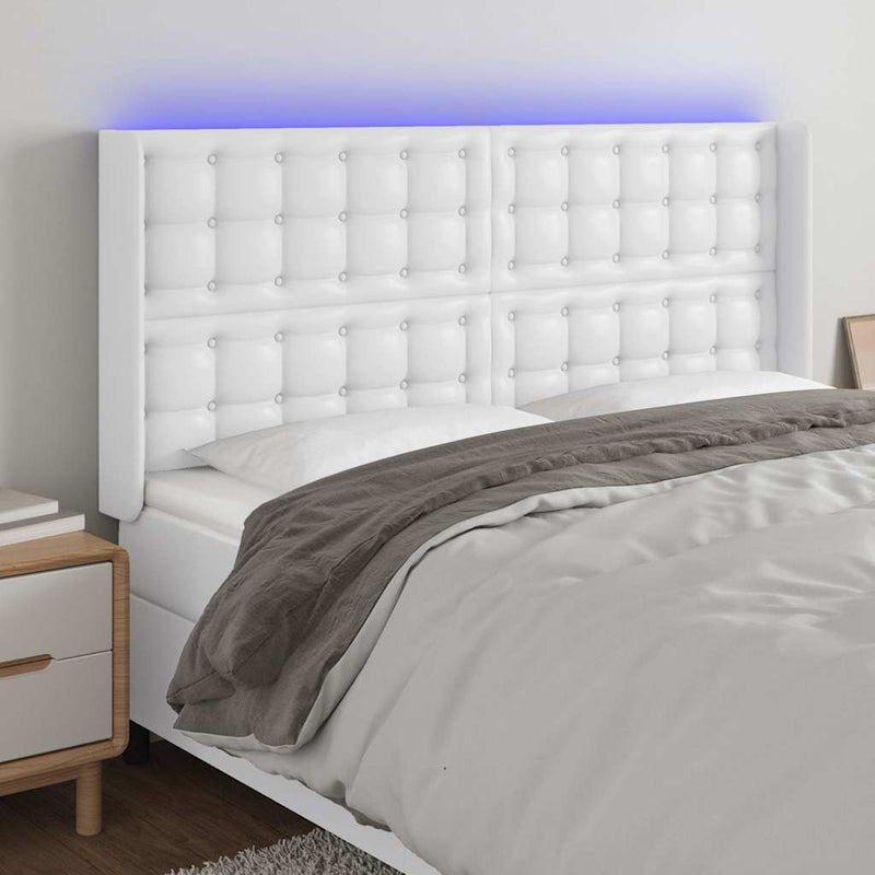 Tăblie de pat cu LED, alb, 203x16x118/128 cm, piele ecologică