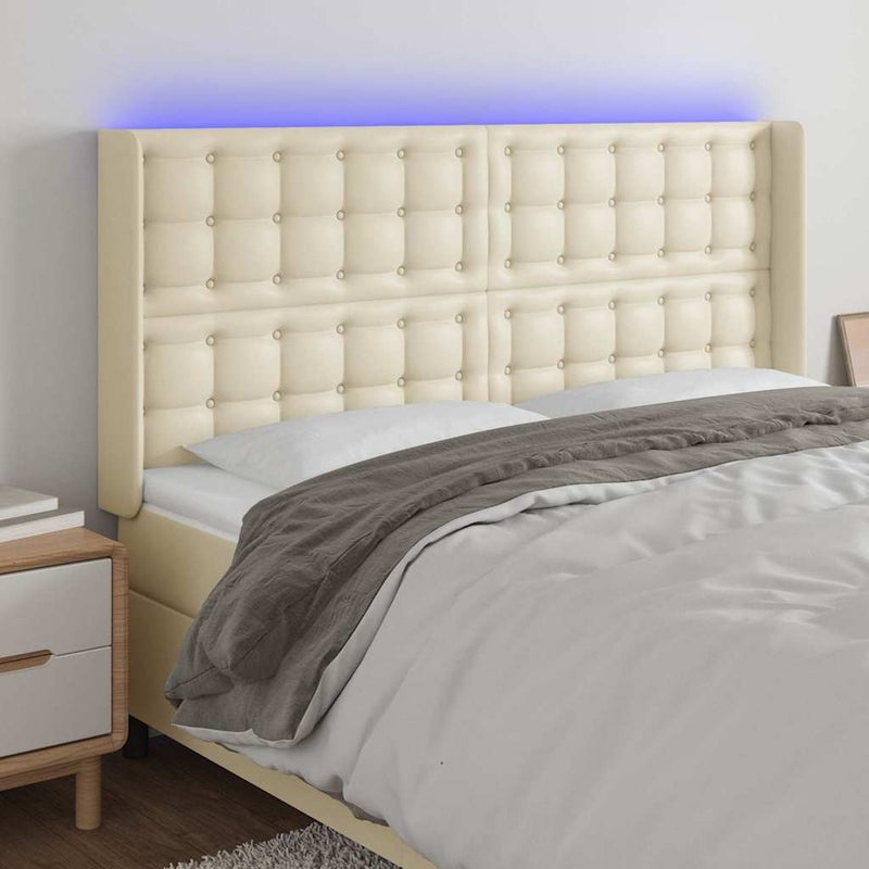 Tăblie de pat cu LED, crem, 203x16x118/128 cm, piele ecologică
