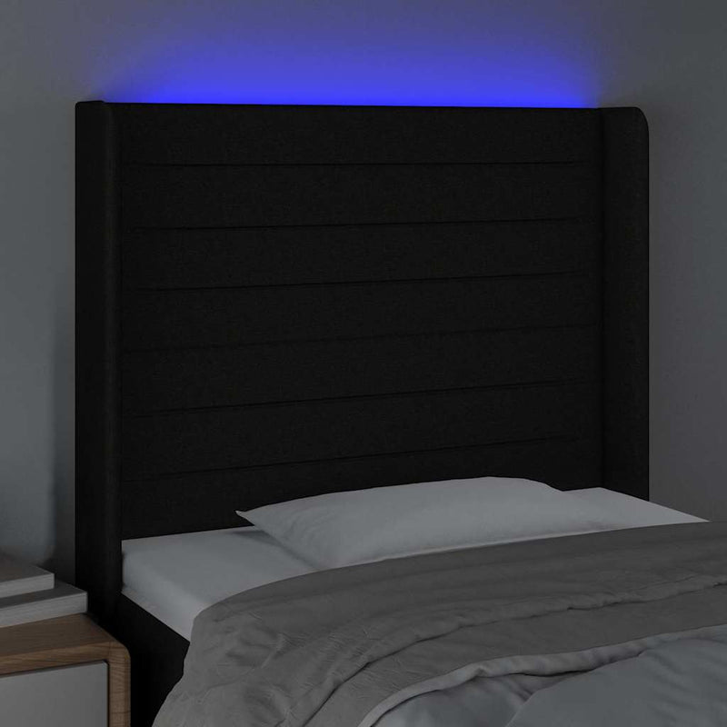 Tăblie de pat cu LED, negru, 83x16x118/128 cm, textil