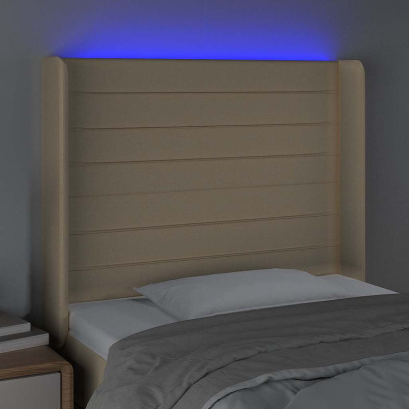 Tăblie de pat cu LED, crem, 83x16x118/128 cm, textil