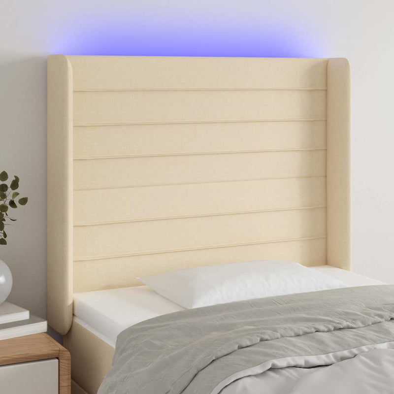 Tăblie de pat cu LED, crem, 83x16x118/128 cm, textil