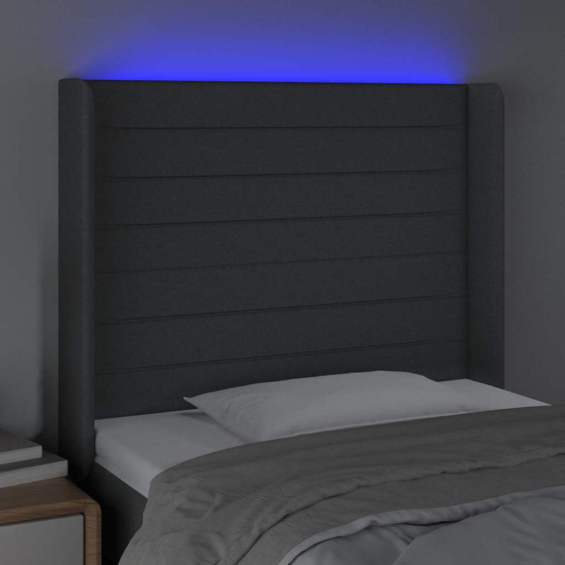 Tăblie de pat cu LED, gri închis, 103x16x118/128 cm, textil