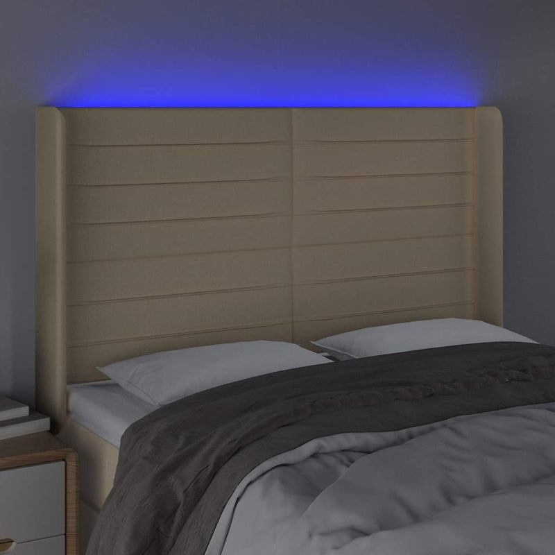Tăblie de pat cu LED, crem, 147x16x118/128 cm, textil