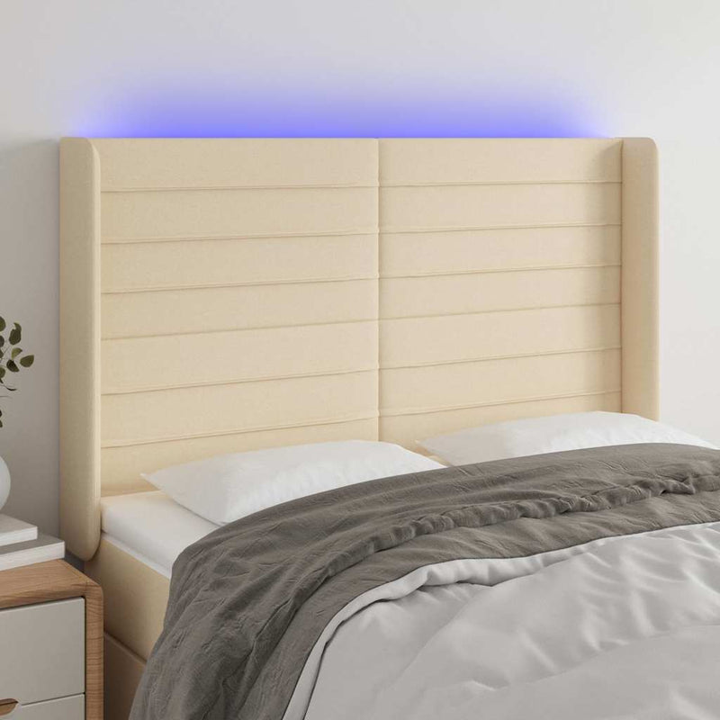 Tăblie de pat cu LED, crem, 147x16x118/128 cm, textil