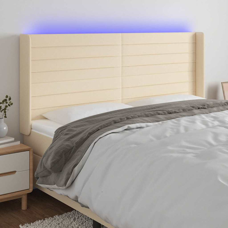 Tăblie de pat cu LED, crem, 163x16x118/128 cm, textil