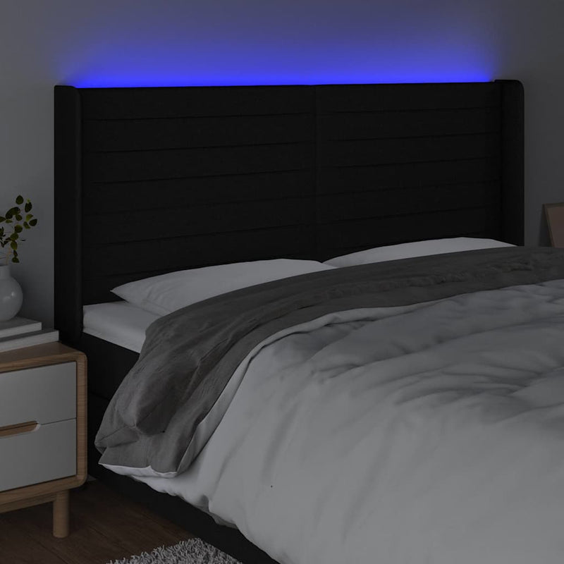 Tăblie de pat cu LED, negru, 183x16x118/128 cm, textil