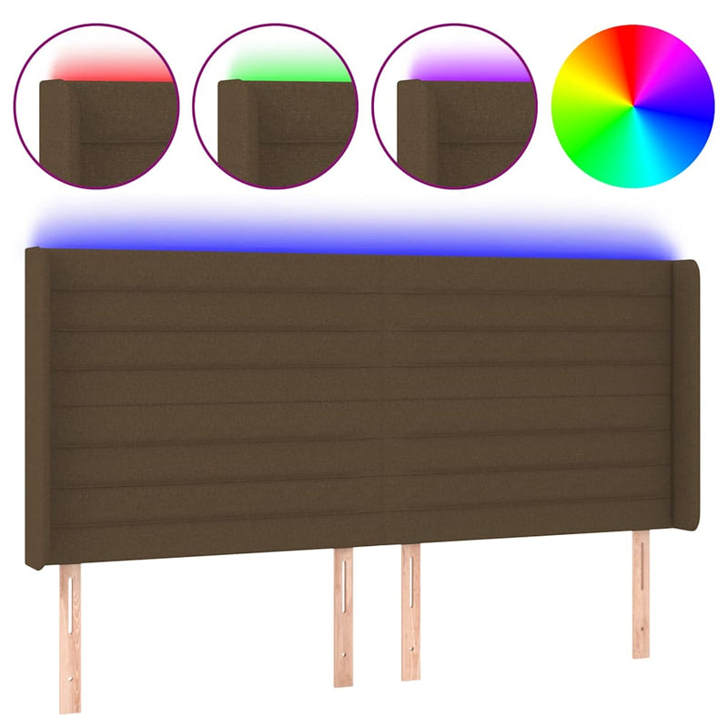Tăblie de pat cu LED, maro închis, 183x16x118/128 cm, textil