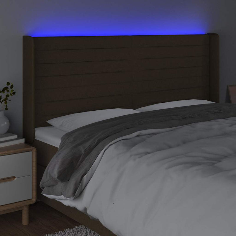Tăblie de pat cu LED, maro închis, 183x16x118/128 cm, textil