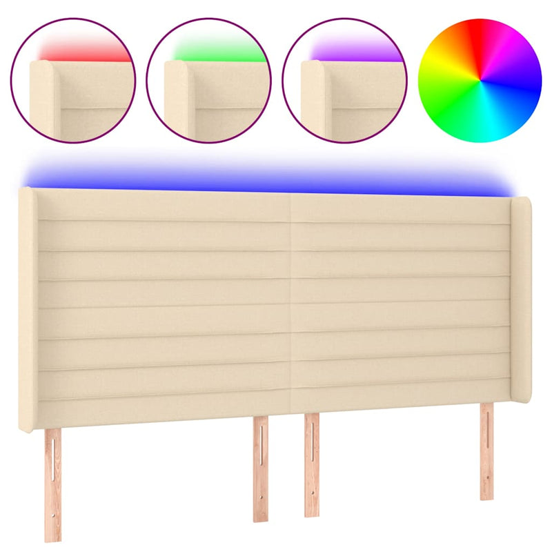 Tăblie de pat cu LED, crem, 183x16x118/128 cm, textil
